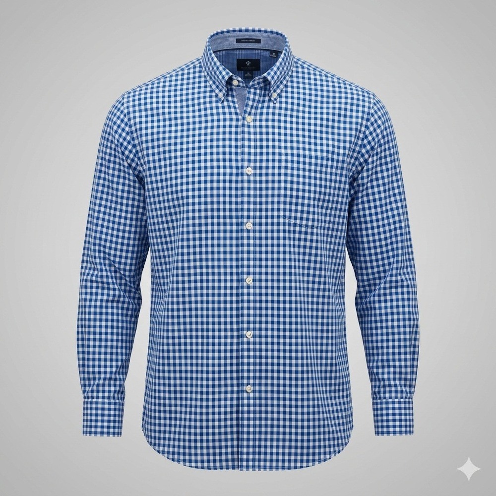 Hart Schaffner Marx XL Blue Gingham Shirt 100% Cotton HSM 87 Classic Fit LS